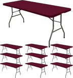 10 Pack Fitted Tablecloth for 8 Foot Rectangle Tables, Wine Red Elastic Outdoor Picnic Table Cover, Washable Stretch Folding Table Cloths 8 ft for Camping Party Patio Kitchen Banquet, 30" W x 96" L