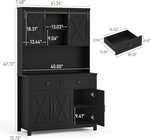 67.7 Inch Farmhouse Pantry Storage Cabinet with Sliding Barn Doors, 2 Drawer Farmhouse Coffee Cabinet with Adjustable Shelf, Side Board with Buffet Cupboard for Livingroom Kitchen, Black