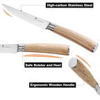 Natura Series 4.5” Serrated Steak Knife Set of 6, High Carbon Stainless Steel, Wooden Handle