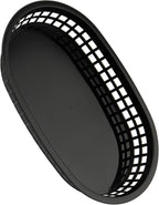 30 Pack 10.5x6.7x1.3 Inch Black Plastic Fast Food Baskets, Restaurant Serving Baskets, Flat Oval Fast Food Serving Basket for Picnic, Deli Serving, Chicken, Burgers and Fries