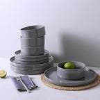 Famiware Nebula Dinnerware Set with Pasta Bowls, Service for 4 (16pcs), Fine Stoneware Plates and Bowls Sets, Microwave and Dishwasher Safe Dishes Set, Dark Gray