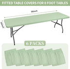 6 Pack Stretch Fabric Table Top Cap Cover, fits 8' Tables, Spandex Table Covers Washable Elastic Rectangle Tablecloth Protector for Indoor Outdoor Party Picnic Wedding, Sage Green, 30" W x 96" L