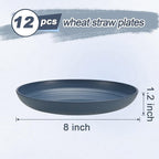 12 Pcs Unbreakable Deep Dessert Plates Set, 8 inch Reusable Plastic Wheat Straw Plates, Microwave and Dishwasher Safe Plate for Kitchen, Lightweight Plate for Dessert, BPA Free, Dark Blue
