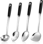 14 Inch Cooking Spoons Set Stainless Steel Kitchen Cooking Utensil Large Serving Spoons Set with Ergonomic Handle Slotted-Spoon, Ladle, Cooking-Spoon, Serving-Spoon (Pack of 4)