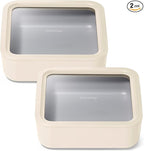 Caraway 2pc Glass Food Storage Set - 10 Cup Food Containers (2) - Ceramic Coated - Non Toxic, Non Stick Lunch Box with Lids. Dishwasher, Oven, & Microwave Safe - Cream