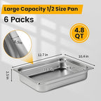 1/2 Hotel Pans 2.5 Inch Deep Stainless Steel Food Pan - Anti-Jam 6 Pack Steam Table Pan Set for Catering, Buffet Use, Kitchen Prep