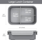 Caperci Classic Bento Box Adult Lunch Box for Older Kids - Leakpoof 47 oz 3-Compartment Lunch Containers for Adults and Teens, Built-in Utensil Set, Ideal for On-the-Go Balanced Eating, Gray
