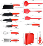 12-Piece Silicone Kitchen Utensil Set with Stainless Steel Knives – Heat-Resistant Spatula, Spoon, Peeler, Non-Scratch Cooking Tools for Baking, Frying & Grilling (Red)