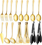 Gold Serving Utensils Set for Partie, Stainless Steel Metal Large Serving Spoons, Slotted Spoons, Forks, Tongs, Soup Spoons, Skimmer Spoon, Cake Server for Buffet, Catering, Entertaining 15pcs