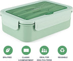 Caperci Classic Bento Box Adult Lunch Box for Older Kids - Leakpoof 47 oz 3-Compartment Lunch Containers for Adults and Teens, Built-in Utensil Set, Ideal for On-the-Go Balanced Eating, Green