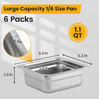 1/6 Hotel Pans 2.5 Inch Deep Stainless Steel Food Pan - Anti-Jam 6 Pack Steam Table Pan Set for Catering, Buffet Use, Kitchen Prep