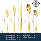 KINGSTONE 18/10 Stainless Steel Flatware, 20-Piece Forged Silverware Set for 4, Mirror Polished Cutlery Set Dishwaher Safe for Home, Restaurant, Wedding, Party, Gold