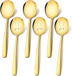 Extra Large Serving Spoons Set 11.7-Inch Gold Serving Slotted Spoon x 3 Serving Spoon x 3, 18/8 Stainless Steel Big Serving Utensil for Buffet, Parties, Catering - Dishwasher Safe(6-Pack, Gold)