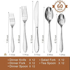 KINGSTONE 60-Piece Silverware Set for 12,18/10 Premium Stainless Steel Flatware Set, for Home, Restaurant, Wedding and Party Use, Mirror-Polished Cutlery Set, Dishwasher Safe.