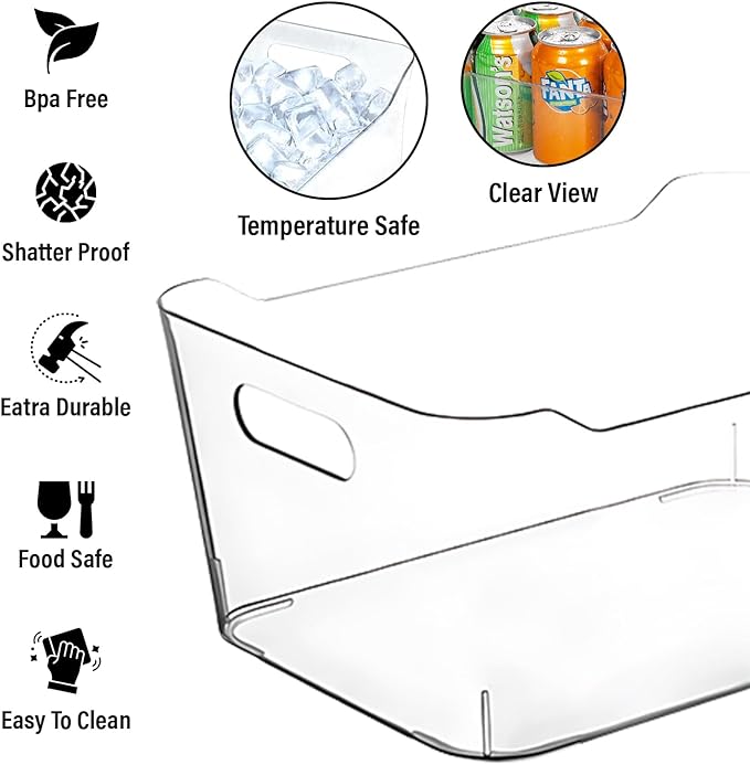 Clear Plastic Storage Bins, Pantry Organizers and Storage Containers, Large Fridge Organizer Bins, Home Kitchen Cabinet Organizer, Medicine Cabinet Bin for Organizing Freezer Closet