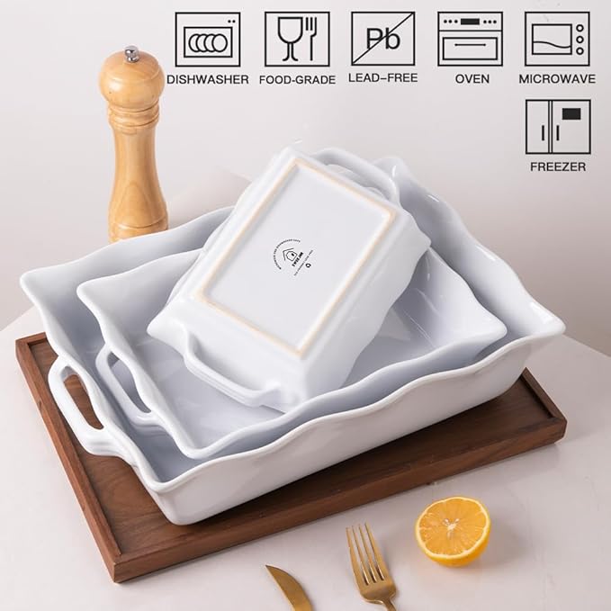 Sweejar Casserole Dishes for Oven, Ceramic Bakeware Set of 4, Rectangular Baking dish with Handles, Wave Edge Lasagna Pan Deep for Cooking, Cake, Dinner, Banquet and Daily Use (White)