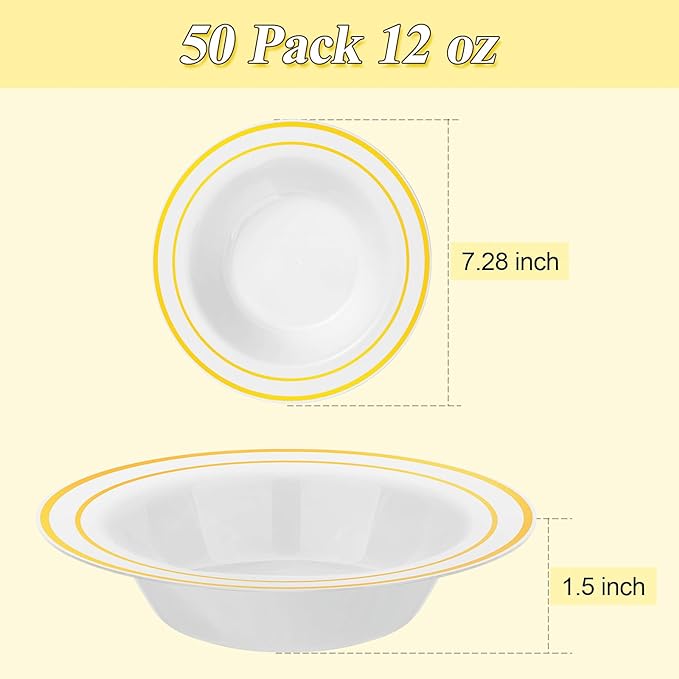 50 Pack Disposable Soup Bowls with Gold Rim, 12oz Premium Heavy Duty Plastic Dinner Bowls for Party, Wedding and Holiday
