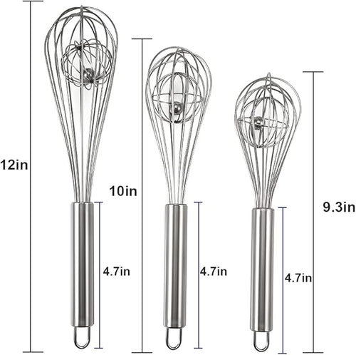 3 Pack 9, 10, 12 inch Balloon Whisk Double Balloon Wire Whisk Blending Whisking Beating Stirring Egg Beater Stainless Steel(with inside Ball)