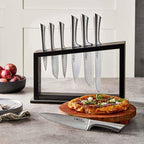 Cuisine::pro Damashiro 8-Piece Satori Knife Block - Japanese Steel Knife Set with Acacia Wood Knife Block -Damascus-Inspired Blade