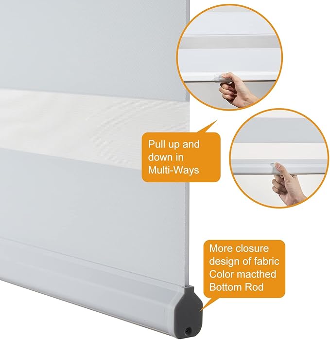 Persilux Zebra Blinds for Windows Cordless Roller Shades for Windows, Privacy Roller Blinds (42" W x 72" H, White) Blinds for Sliding Door, Light Control for Day and Night Shades for Home and Office