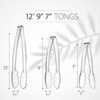 PlasticPro Clear Serving Tongs Combo Set - 4 Each of 7.5'', 9'', 12'' Heavy Duty Reusable Kitchen and BBQ Tongs for Parties, Caterings, Events, Buffet, Weddings - Pack of 12