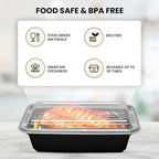Klex 38 Oz, 50 Sets Meal Prep Containers with Airtight Lids, BPA Free, Reusable Plastic Food Container, 38 oz, Rectangular, Black/Clear, 50 Sets