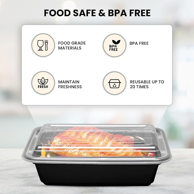 Klex 16 Oz, 150 Sets Meal Prep Containers with Airtight Lids, BPA Free, Reusable Plastic Food Container, 16 oz, Rectangular, Black/Clear, 150 Sets
