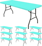 10 Pack Fitted Tablecloth for 8 Foot Rectangle Tables, Aqua Blue Elastic Outdoor Picnic Table Cover, Washable Stretch Folding Table Cloths 8 ft for Camping Party Patio Kitchen Banquet, 30" W x 96" L