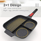 3 Section Grill Pan for Stove Tops with Detachable Handle, Nonstick Versatile Griddle Pan with Lid, Square Skillet PFOA Free, Black