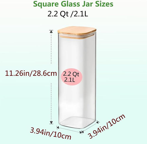 2.2 Qt Square Glass Storage Containers with Lids, Clear Food Storage Container Jar with Sealing Bamboo Lid Storage Containers for Pasta, Oats, Coffee, Flour, Sugar, Square Set-3Pack