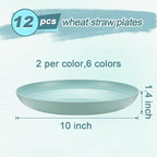 12 Pcs Unbreakable Deep Dinner Plates Set, 10 inch Reusable Plastic Wheat Straw Plates, Microwave and Dishwasher Safe Plate for Kitchen, Lightweight Plate for Dessert, BPA Free, 6 Colors