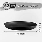 12 Pcs Unbreakable Deep Dinner Plates Set, 10 inch Reusable Plastic Wheat Straw Plates, Microwave and Dishwasher Safe Plate for Kitchen, Lightweight Plate for Dessert, BPA Free, Black