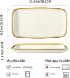LETAOTAO Serving Platters, Ceramic Serving Platters Set of 4, 12 Inch Rectangular Serving Trays Dishes for Party Entertaining, White Dinner Plates with Gold Trim for Sushi Desserts Appetizers Salad