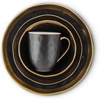 Stone Lain Florian Modern Porcelain 16 Piece Dinnerware Set, Plates and Bowls Set, Dish set for 4, Black And Golden Rim