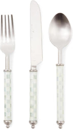 MACKENZIE-CHILDS Supper Club 3-Piece Place Setting, Fork, Spoon, and Knife Dinner Flatware Set, Gray-and-White Sterling Check