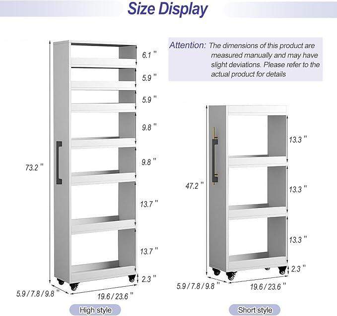 7-Tier Slim Storage Cart, Wooden Rolling Pantry Cabinet with Wheels, Narrow Shelf Organizer for Kitchen, Bakers Rack, Dining Room, Closet, Small Spaces Warm White 47.2" H*7.8" W*16.9" D