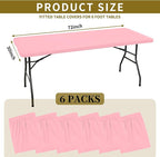 6 Pack Fitted Tablecloth for 6 Foot Rectangle Tables, Pink Elastic Outdoor Picnic Table Cover, Washable Stretch Folding Table Cloths 6 ft for Camping Party Patio Kitchen Banquet, 30" W x 72" L