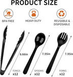 36 PCS Disposable Serving Utensils for Party - 12 Set Including Black Plastic Spoons, Tongs and Forks