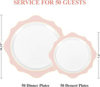 100 PCS White and Pink Disposable Plates for 50 Guests, Scalloped Plastic Plates Include 50 Dinner Plates and 50 Dessert Plates for Party, Wedding and Graduation