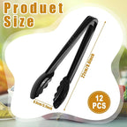 12 Pc Serving Tongs 9 Inch Bulk Reusable or Disposable Plastic Tongs Heavy Duty Hard Plastic Serving Utensils Set Large Salad Tong for Kitchen Party Food Buffet Appetizer BBQ Event Catering(Black）
