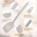 5-Piece Silicone Kitchen Tool Set, BPA-Free, Heat-Resistant, Non-Stick & Dishwasher-Safe, with Slotted/Solid Spoons & Spatulas for Frying, Mixing, Draining – Includes Multi-Purpose Serving Hook(Khaki)