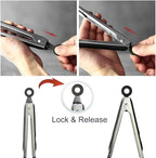 12 Inch Stainless Steel Silicone Serving Tongs with Locking Handle (Black)