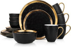 Stone Lain Florian Modern Porcelain 16 Piece Dinnerware Set, Plates and Bowls Set, Dish set for 4, Black And Golden Rim