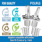 3-in-1 Liquor Bottle Pour Spouts with Built-in Fruit Fly Protection - BPA Free & Dishwasher Safe Hygienic Alcohol Pour Spouts - Also for Olive Oil - Silver 2 Pack with 2 Adapters for Large Bottles