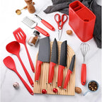 12-Piece Silicone Kitchen Utensil Set with Stainless Steel Knives – Heat-Resistant Spatula, Spoon, Peeler, Non-Scratch Cooking Tools for Baking, Frying & Grilling (Red)