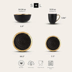 Stone Lain Florian Modern Porcelain 16 Piece Dinnerware Set, Plates and Bowls Set, Dish set for 4, Black And Golden Rim
