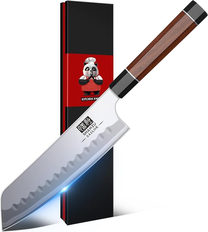 SHAN ZU 7 Inch Japanese Chef Knife, 9 Layers 10Cr15MoV High Carbon Steel Professional Kitchen Knife, Sharp Cooking Knife with Ergonomic Red Sandalwood Handle, Meat Cutting Santoku Knife