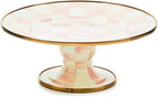 MACKENZIE-CHILDS Enamel Pedestal Platter, Round Cake Stand, Mini, Pink-and-White Rosy Check