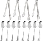12PCS Stainless Steel Serving Utensils Sets,8 Large Serving Spoons,4 Serving Tongs,Silver Serving Utensills Sets for Buffet Catering Banquet Party (Silver)