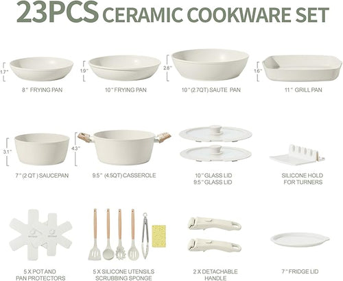 23pcs Ceramic Pots and Pans Set, Nonstick Detachable Handle Cookware, Induction Kitchen Cooking Set with Removable Handle,include Frying Pans & Saucepans Oven Safe, Induction, Stackable Set